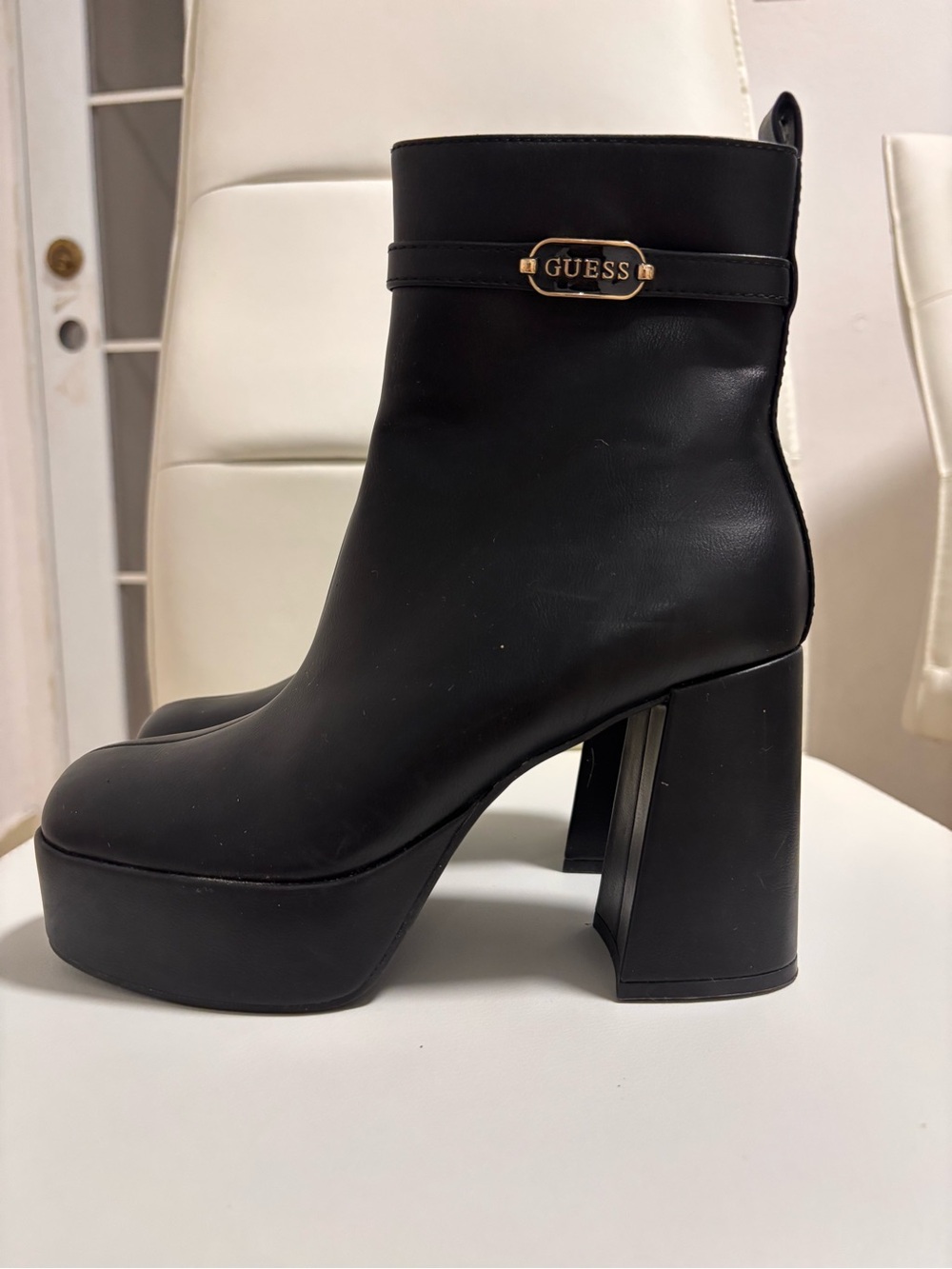 GUESS Black Platform Ankle Boots Gold Logo Block Heel